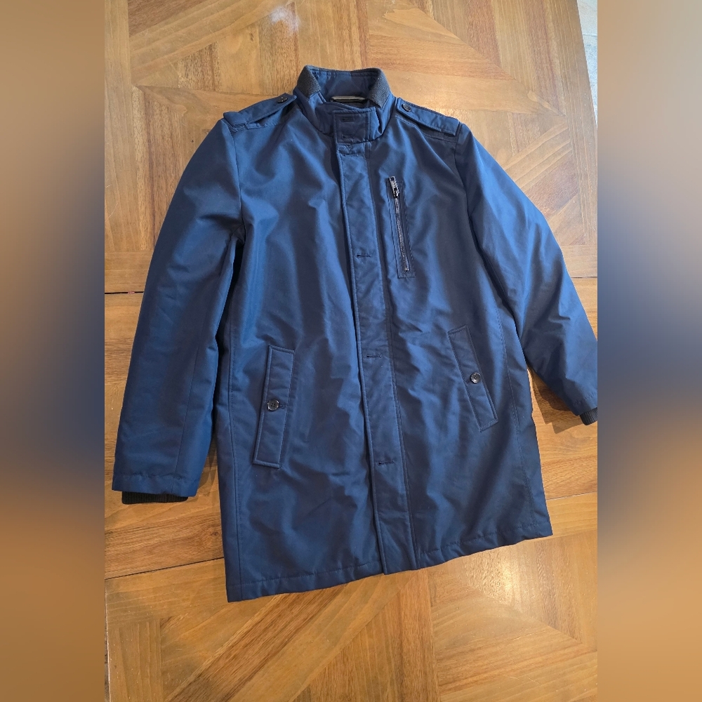 Andrew Marc New York Overcoat Sz Large Navy Blue Cullen Stand Collar Mens